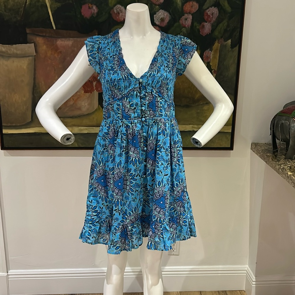 Anthropologie Blue Green Sleeveless V-Neck Sundress